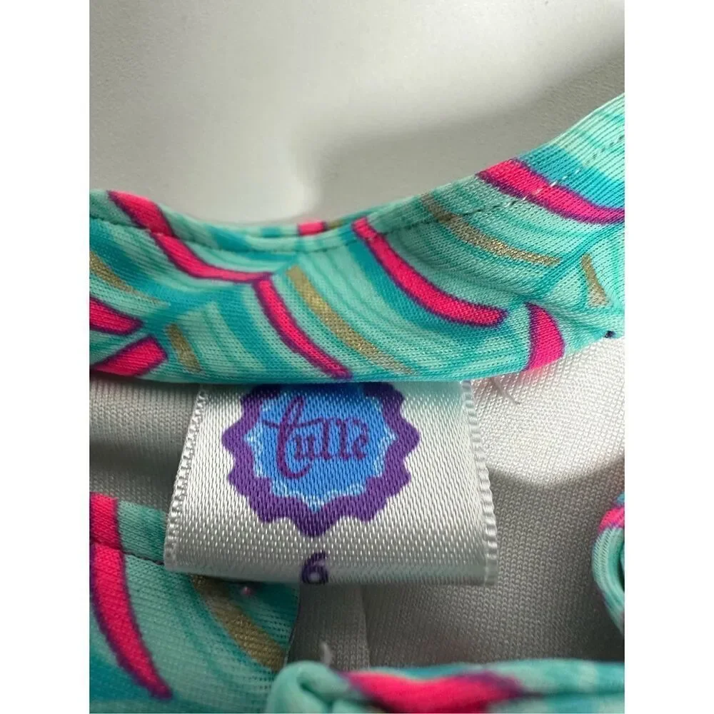 Tulle Girls Surf’s Up Swimsuit Front Zip Turquoise Pink Leaf Print Rare Size 6